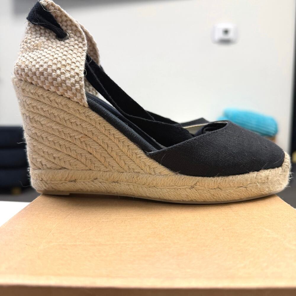 Soludos Marseille Wedge Espadrilles Noche Black Canvas Lace Up Heels Womens 5.5